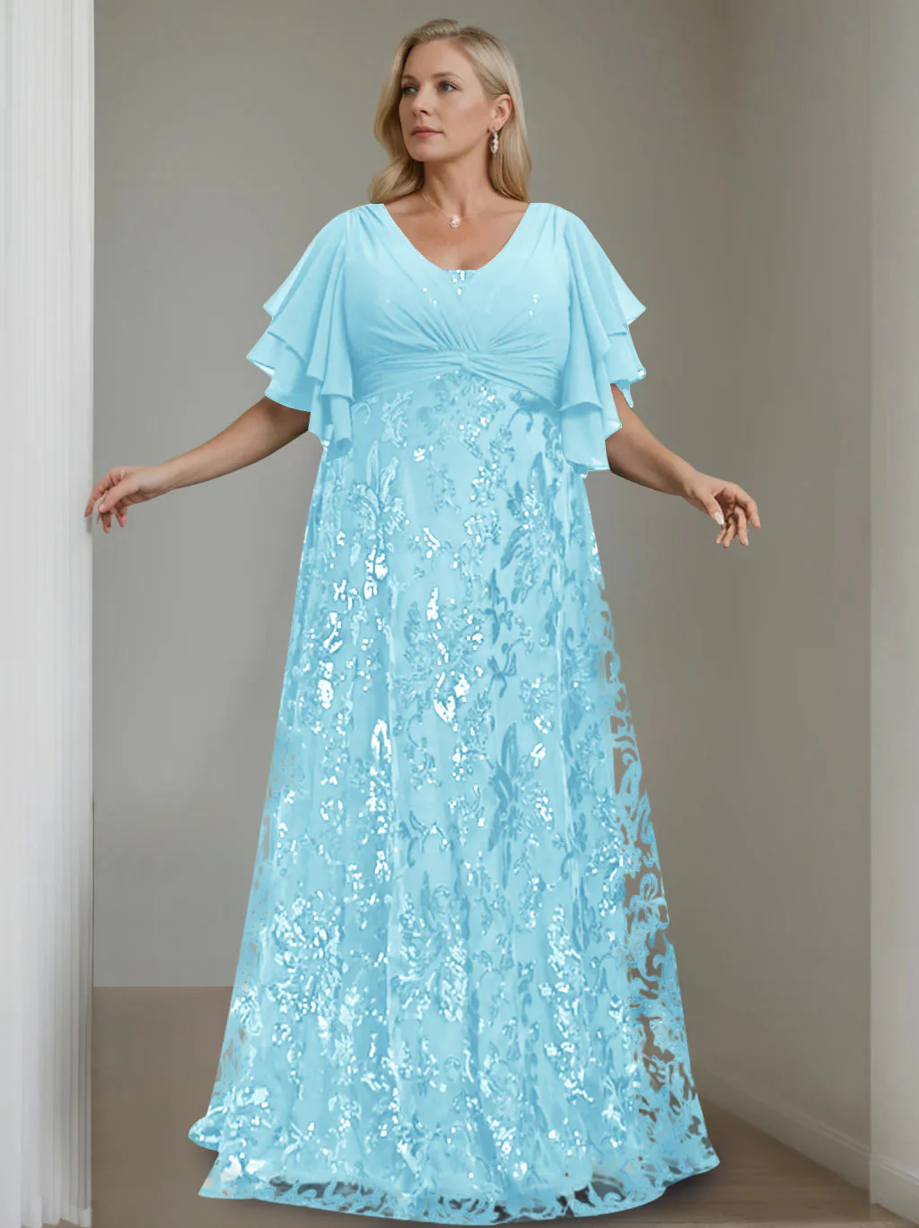A-Line/Princess V-Neck Half Sleeves Floor-Length Plus Size Mother of the Bride Dresses with Sequins - Image 27