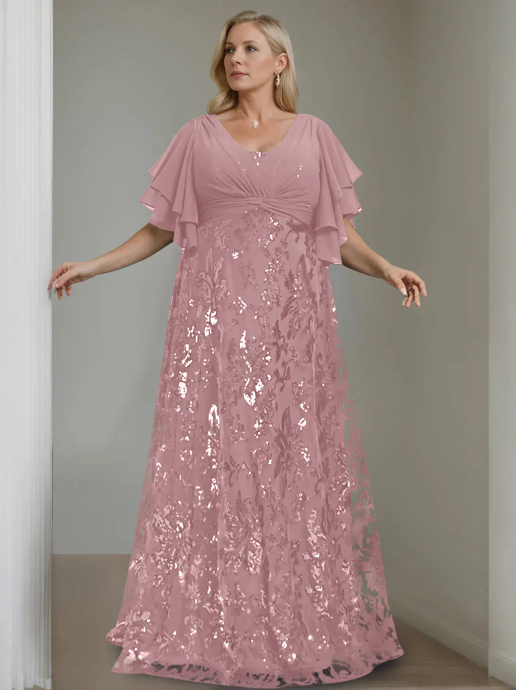 A-Line/Princess V-Neck Half Sleeves Floor-Length Plus Size Mother of the Bride Dresses with Sequins - Image 29