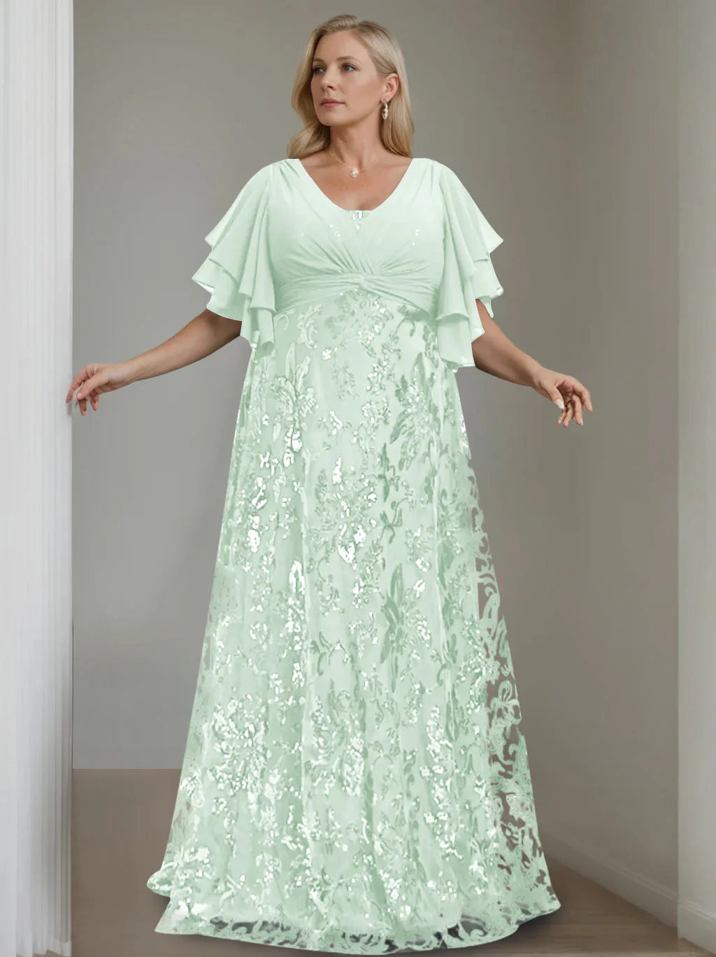 A-Line/Princess V-Neck Half Sleeves Floor-Length Plus Size Mother of the Bride Dresses with Sequins - Image 30