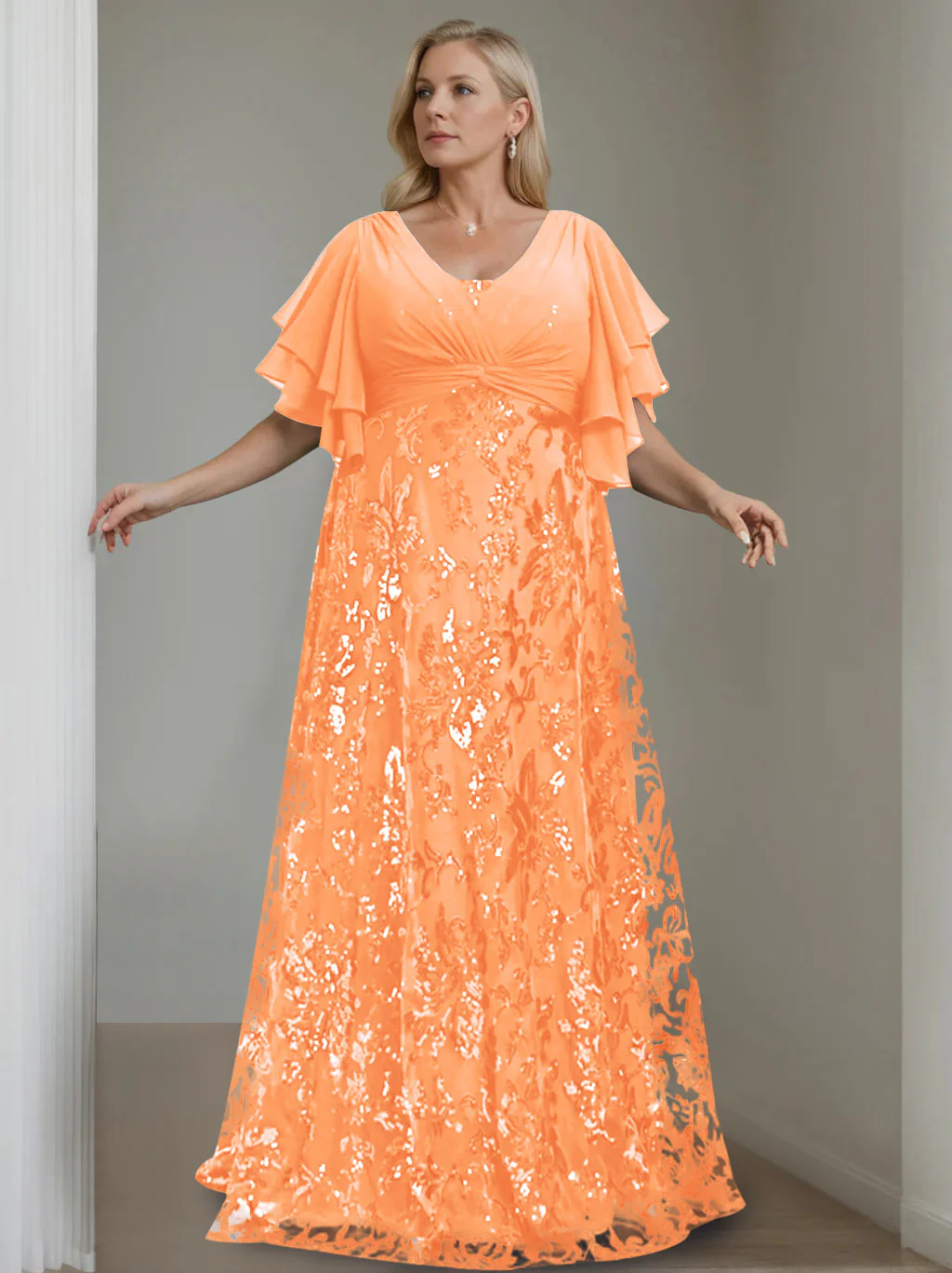 A-Line/Princess V-Neck Half Sleeves Floor-Length Plus Size Mother of the Bride Dresses with Sequins - Image 33