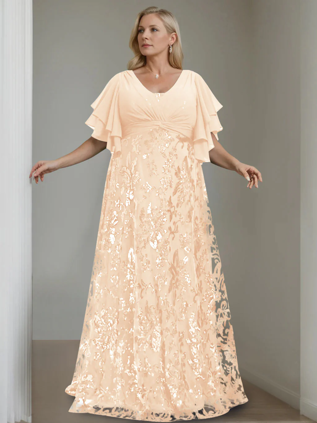 A-Line/Princess V-Neck Half Sleeves Floor-Length Plus Size Mother of the Bride Dresses with Sequins - Image 36