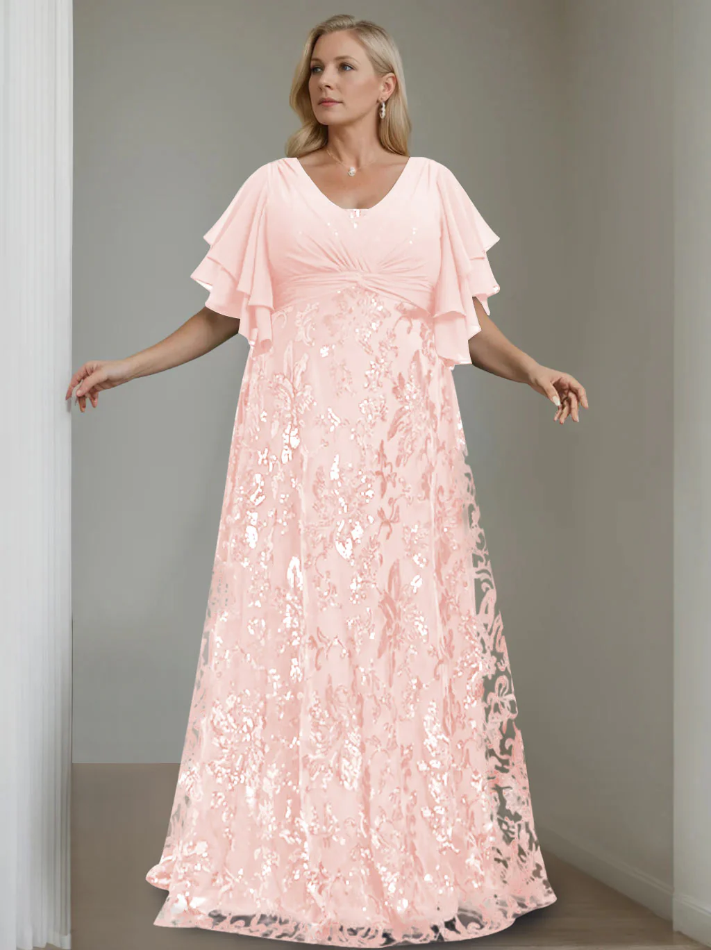 A-Line/Princess V-Neck Half Sleeves Floor-Length Plus Size Mother of the Bride Dresses with Sequins - Image 37