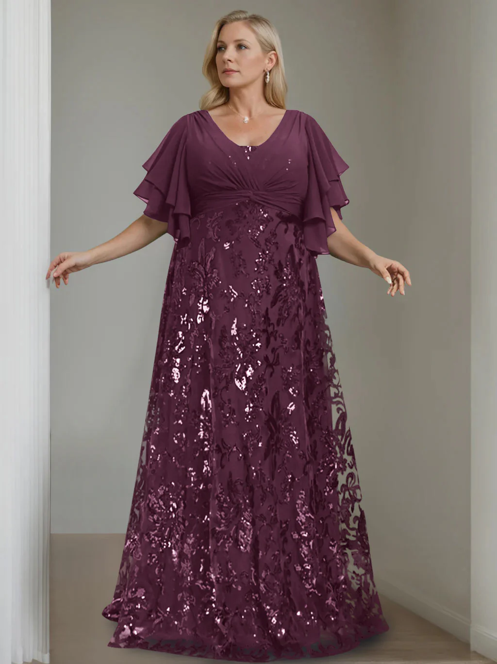 A-Line/Princess V-Neck Half Sleeves Floor-Length Plus Size Mother of the Bride Dresses with Sequins - Image 38