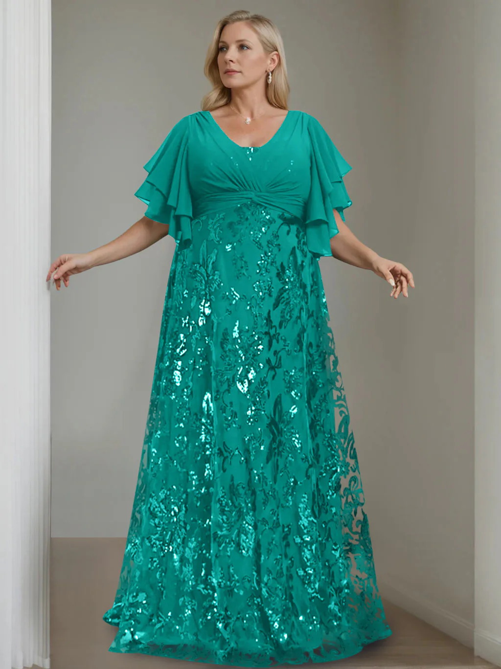 A-Line/Princess V-Neck Half Sleeves Floor-Length Plus Size Mother of the Bride Dresses with Sequins - Image 39