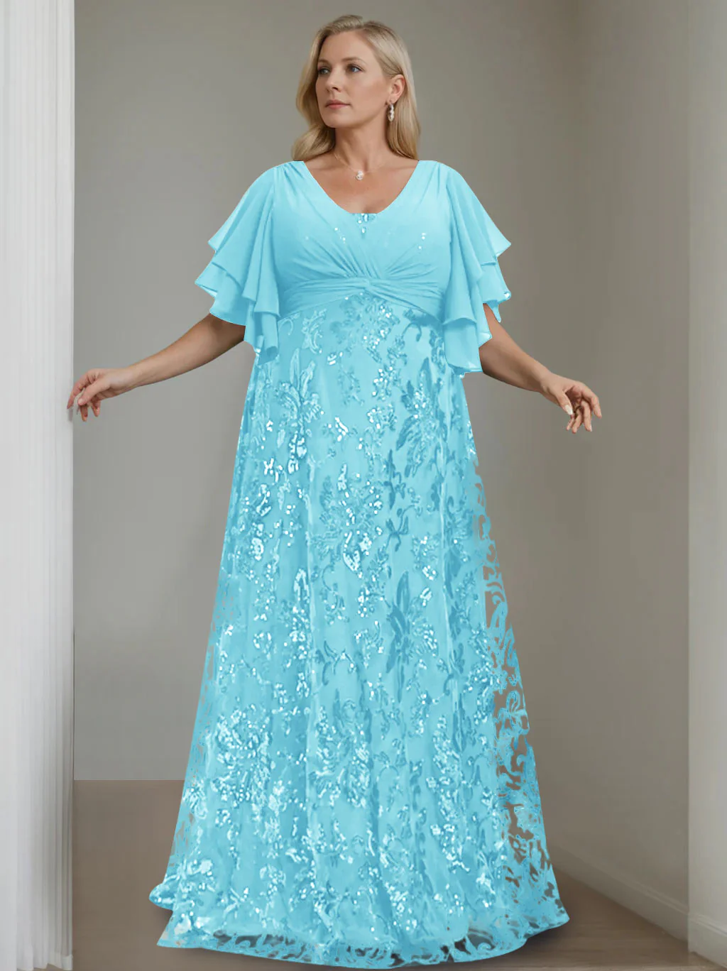A-Line/Princess V-Neck Half Sleeves Floor-Length Plus Size Mother of the Bride Dresses with Sequins - Image 4