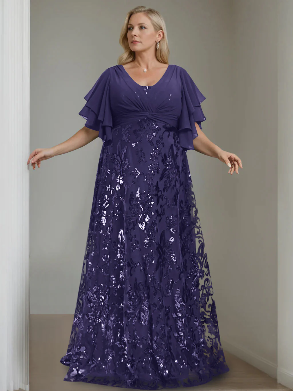 A-Line/Princess V-Neck Half Sleeves Floor-Length Plus Size Mother of the Bride Dresses with Sequins - Image 41
