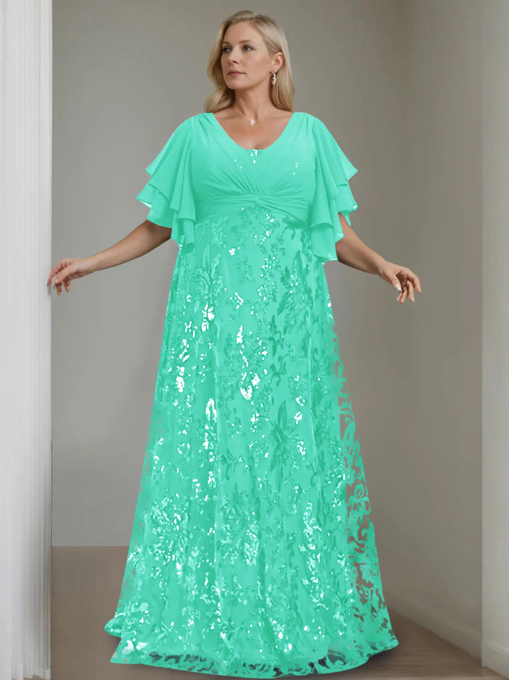 A-Line/Princess V-Neck Half Sleeves Floor-Length Plus Size Mother of the Bride Dresses with Sequins - Image 46