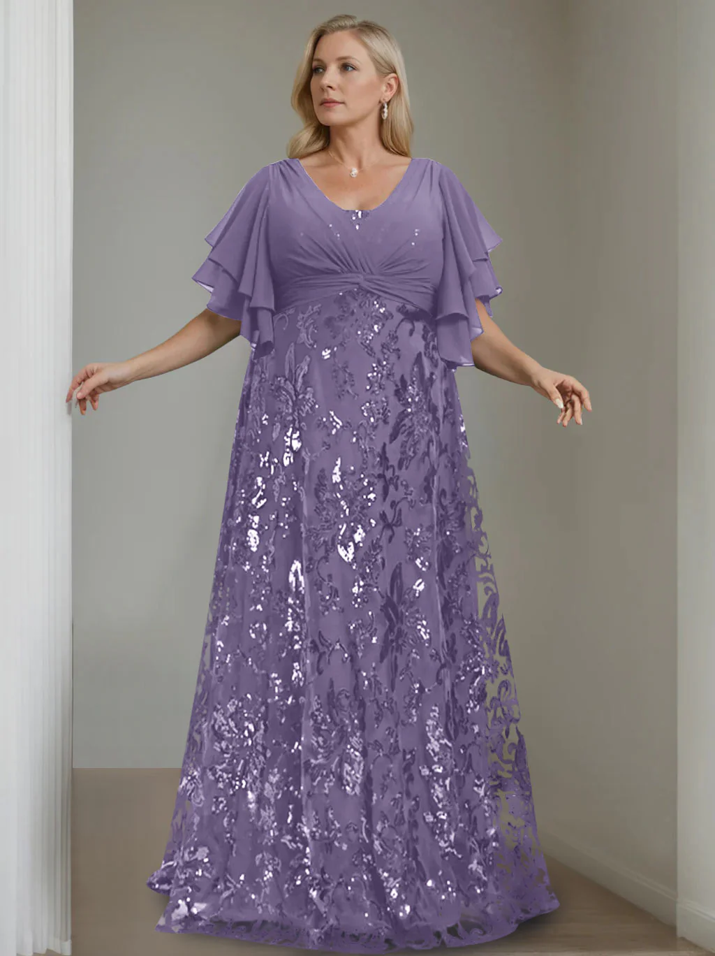 A-Line/Princess V-Neck Half Sleeves Floor-Length Plus Size Mother of the Bride Dresses with Sequins - Image 48