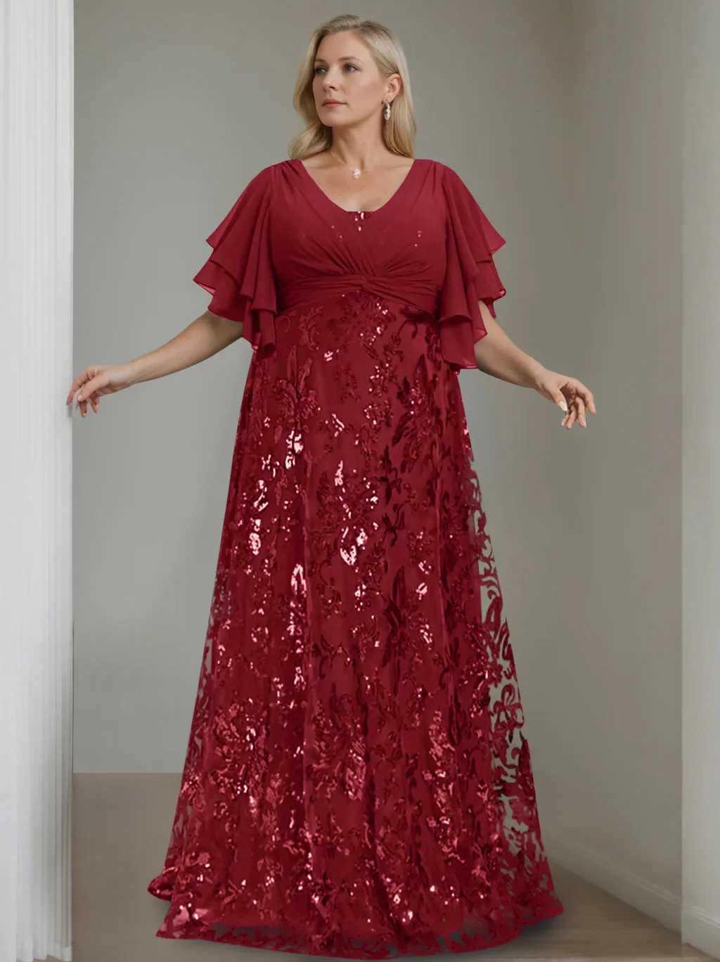 A-Line/Princess V-Neck Half Sleeves Floor-Length Plus Size Mother of the Bride Dresses with Sequins - Image 5