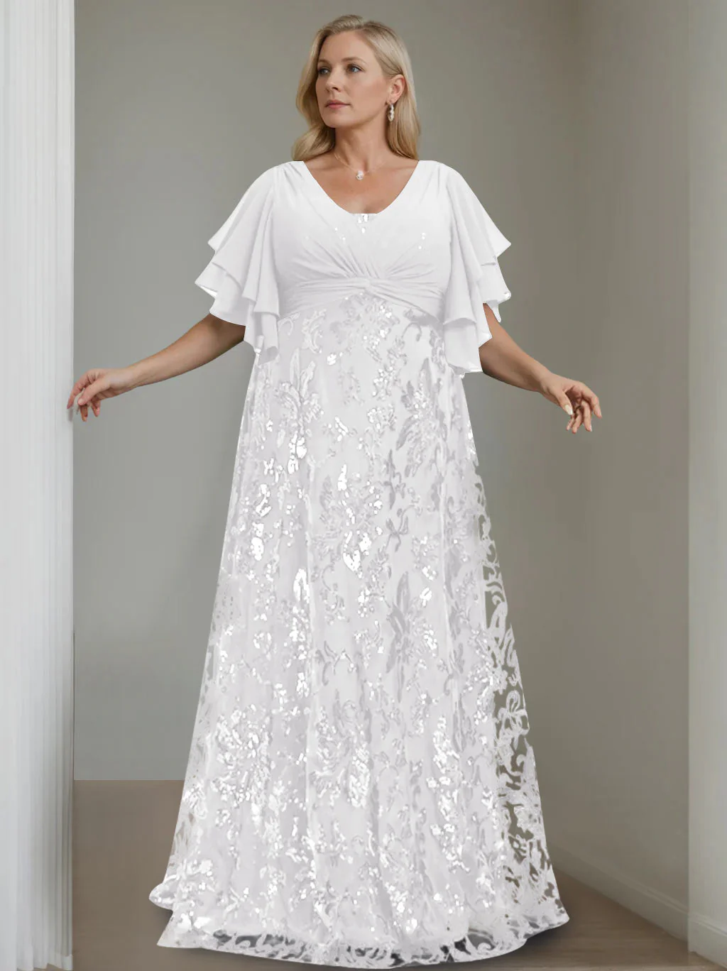 A-Line/Princess V-Neck Half Sleeves Floor-Length Plus Size Mother of the Bride Dresses with Sequins - Image 51