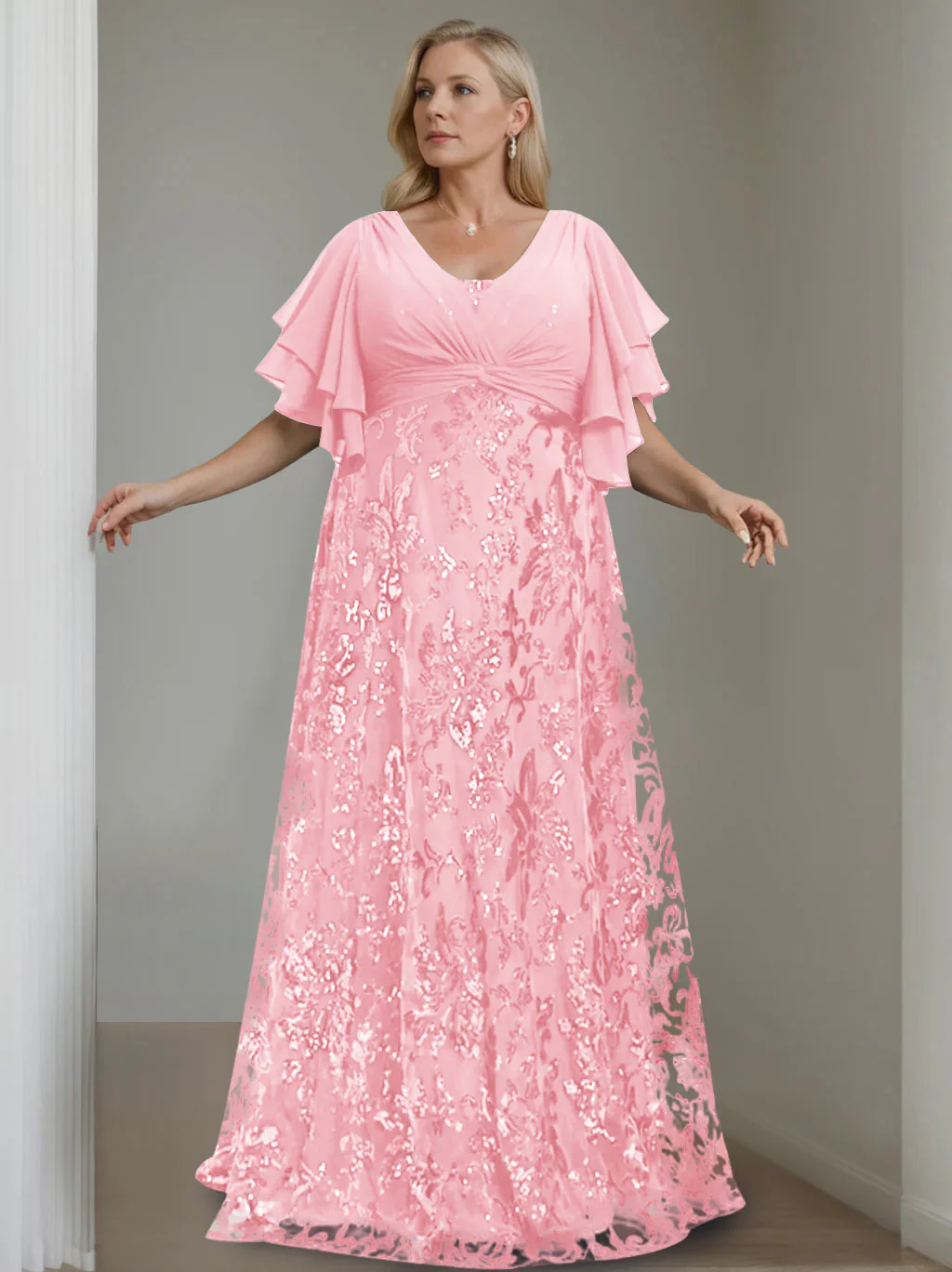 A-Line/Princess V-Neck Half Sleeves Floor-Length Plus Size Mother of the Bride Dresses with Sequins - Image 7
