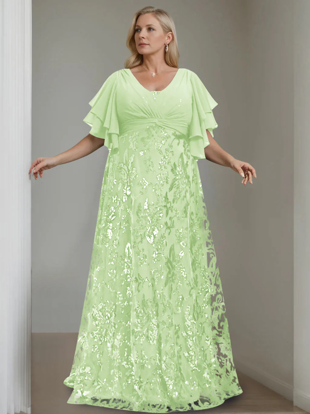 A-Line/Princess V-Neck Half Sleeves Floor-Length Plus Size Mother of the Bride Dresses with Sequins - Image 8