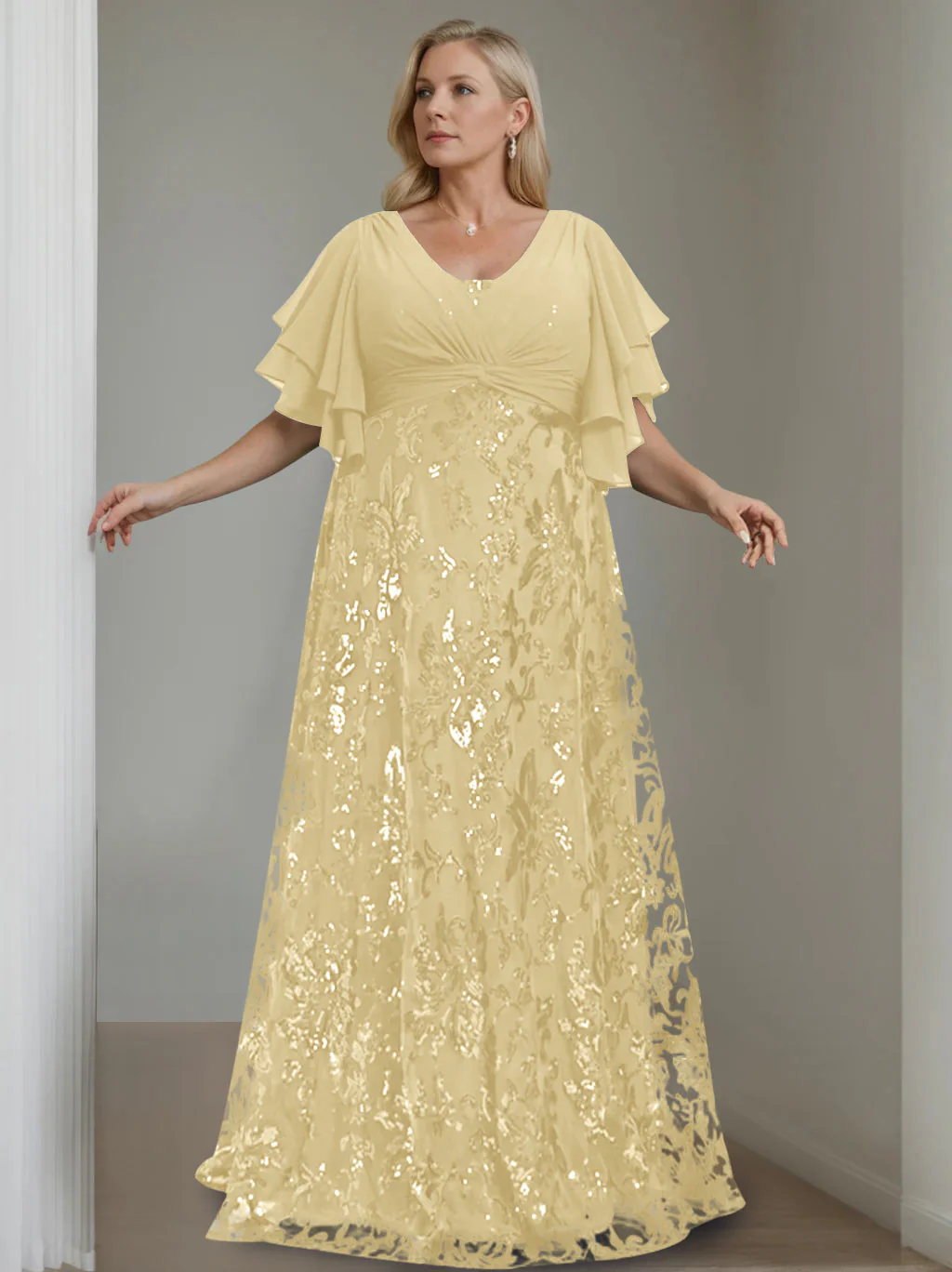 A-Line/Princess V-Neck Half Sleeves Floor-Length Plus Size Mother of the Bride Dresses with Sequins - Image 9