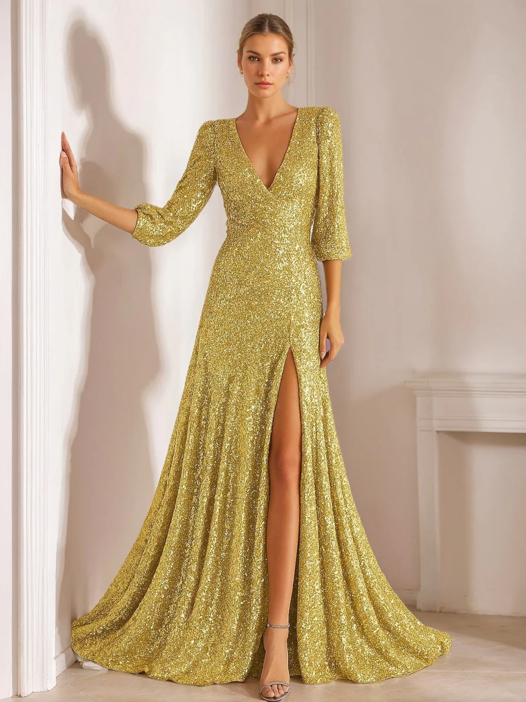A-Line/Princess V-Neck Half Sleeves Floor-Length Sequined Evening Dress with Pleats & Split Side - Image 4