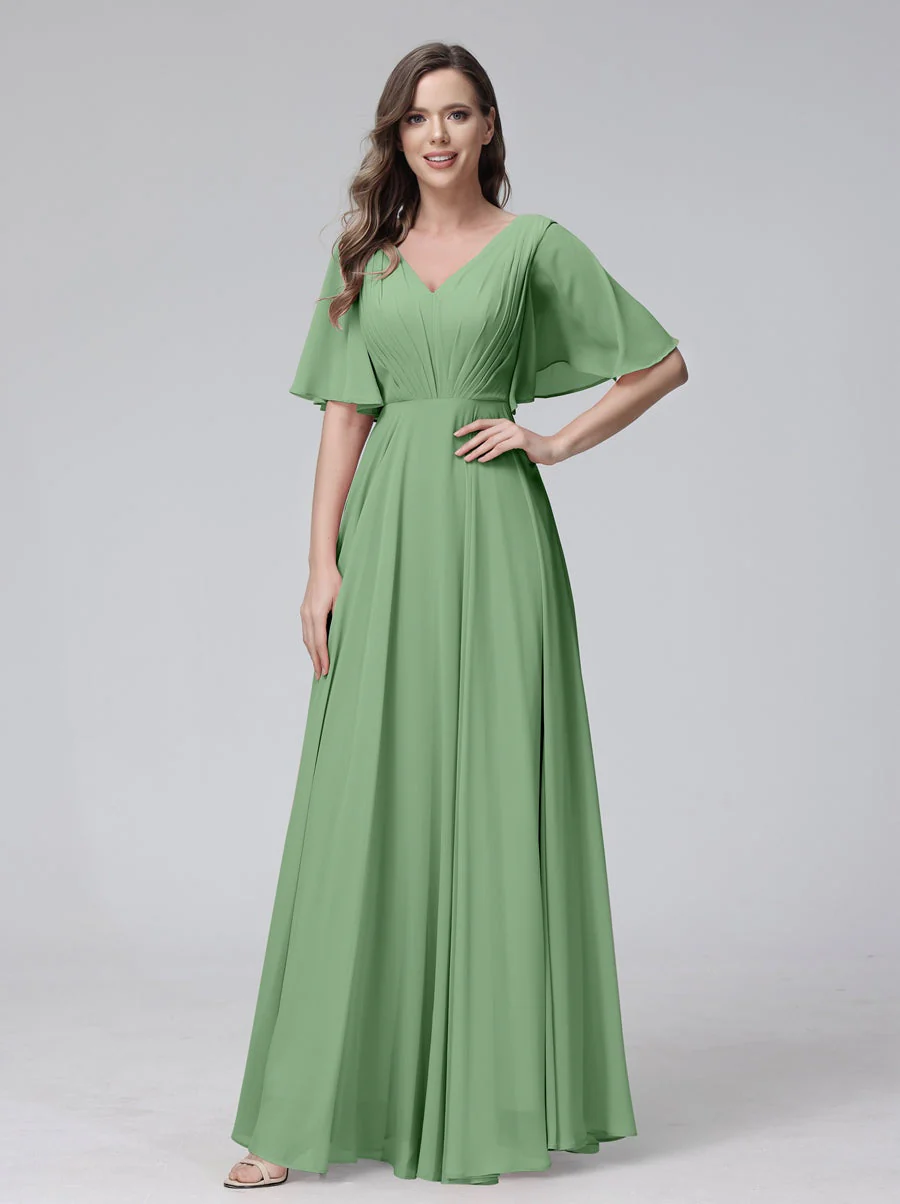 A-Line/Princess V-Neck Half Sleeves Floor-Length Bridemaid Dresses With Ruffles & Pockets - Image 16