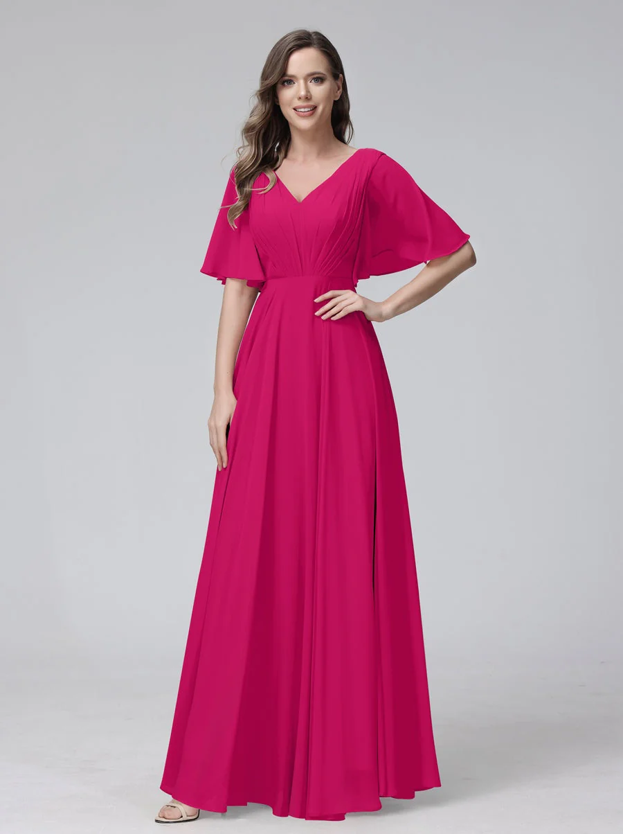 A-Line/Princess V-Neck Half Sleeves Floor-Length Bridemaid Dresses With Ruffles & Pockets - Image 34
