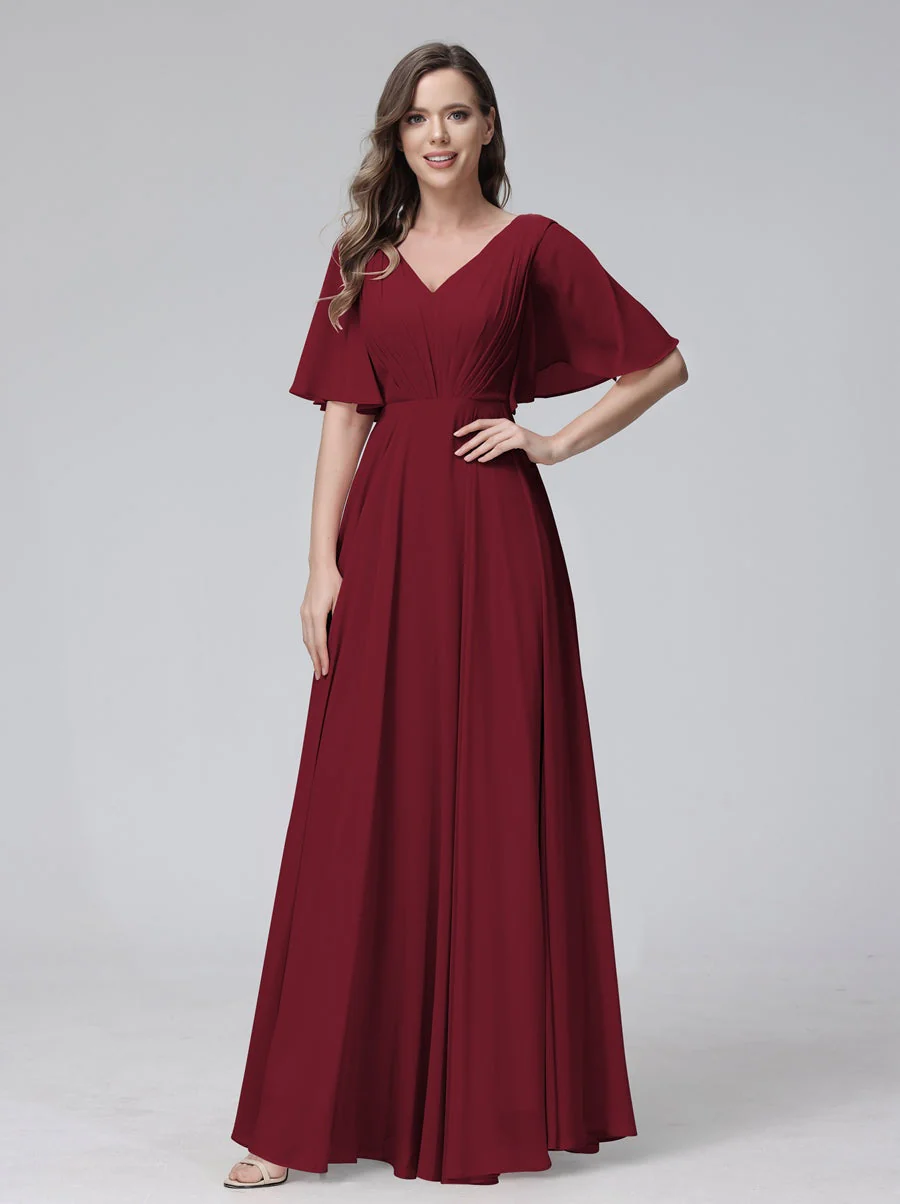 A-Line/Princess V-Neck Half Sleeves Floor-Length Bridemaid Dresses With Ruffles & Pockets - Image 37