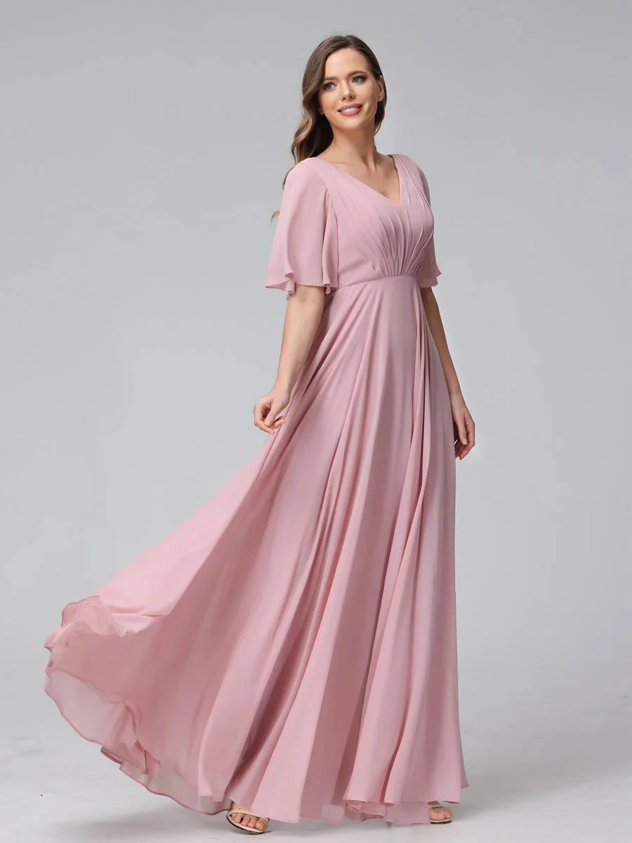 A-Line/Princess V-Neck Half Sleeves Floor-Length Bridemaid Dresses With Ruffles & Pockets - Image 6