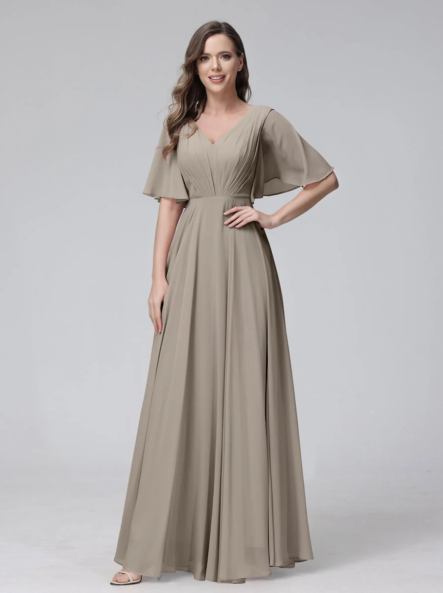 A-Line/Princess V-Neck Half Sleeves Floor-Length Bridemaid Dresses With Ruffles & Pockets - Image 73