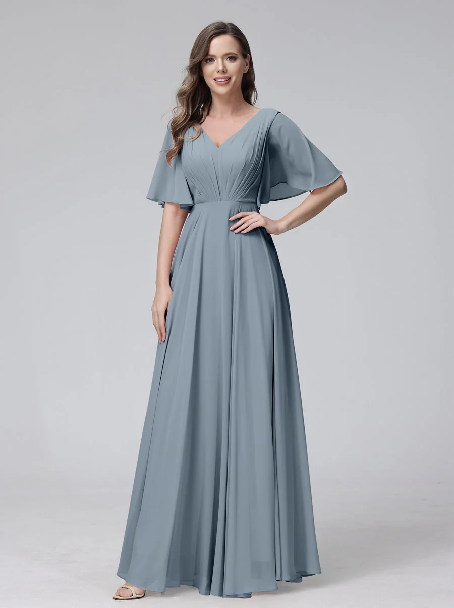A-Line/Princess V-Neck Half Sleeves Floor-Length Bridemaid Dresses With Ruffles & Pockets - Image 8