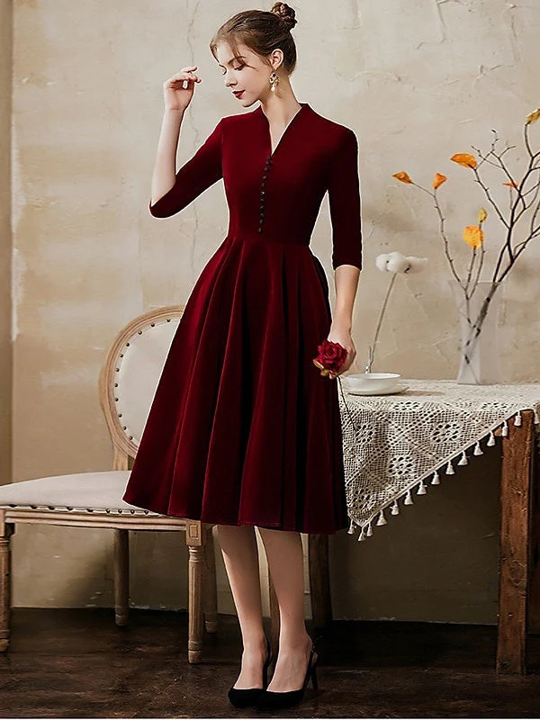 A-Line/Princess V-Neck Half Sleeves Tea-Length Cocktail Dresses with Sleek - Image 2