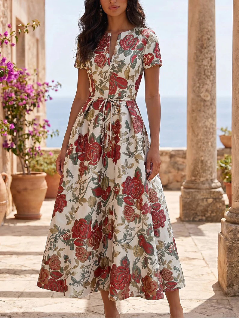 A-Line/Princess V-Neck Jacquard Cocktail Dresses Tea-Length Floral Short Sleeves Party Dresses