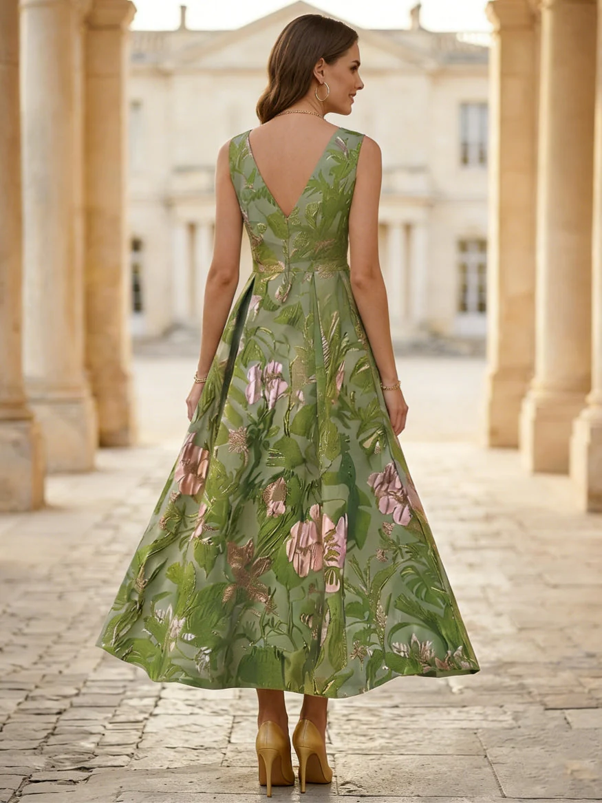 A-Line/Princess V-Neck Jacquard Cocktail Dresses with 3D Flower Tea-Length Sleeveless Floral Formal Dresses - Image 2