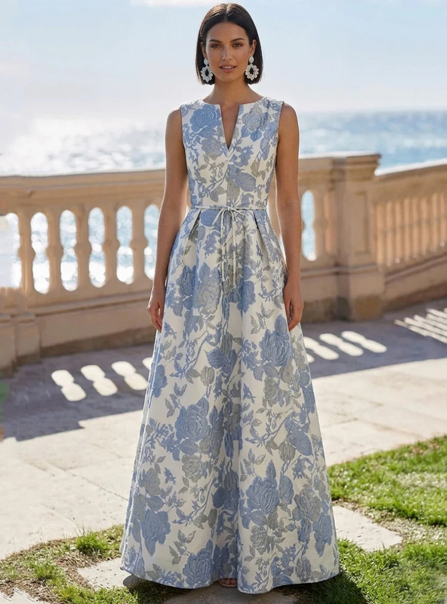 A-Line/Princess V-Neck Jacquard Evening Dresses Floral Floor-Length Sleeveless Party Dresses - Image 3