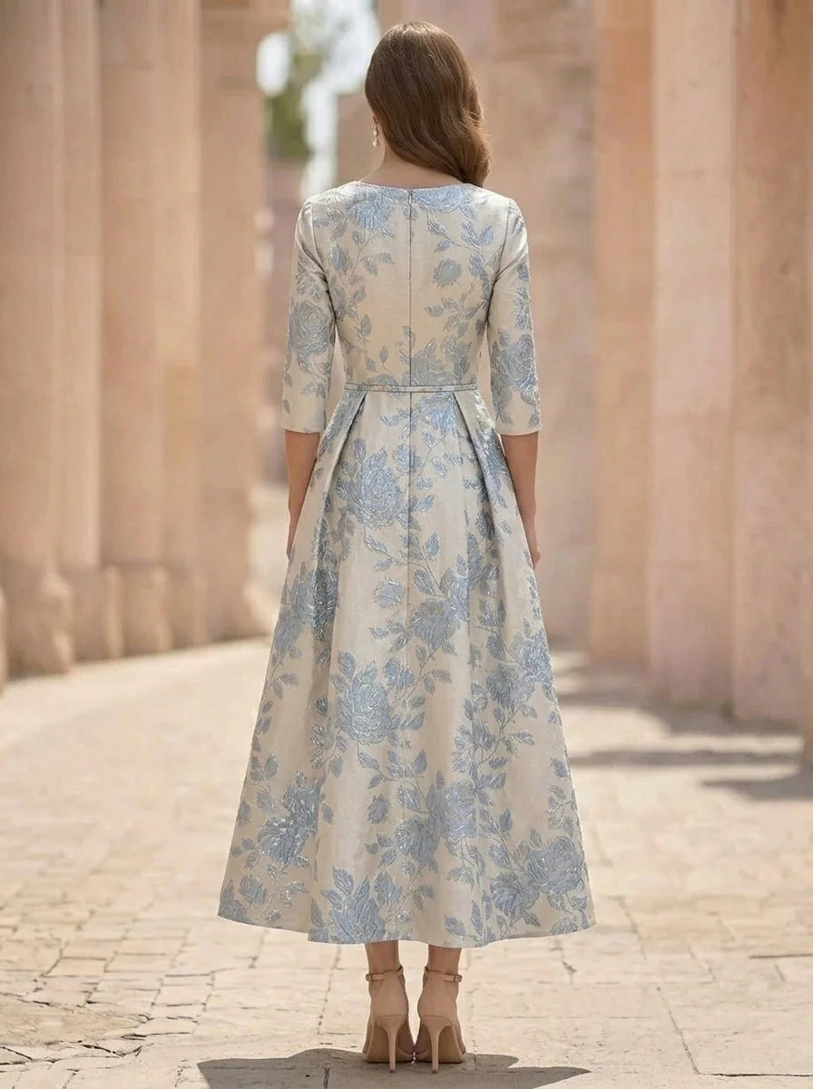 A-Line/Princess V-Neck Jacquard Mother of the Bride Dresses 3/4 Sleeves Tea-Length Floral - Image 2