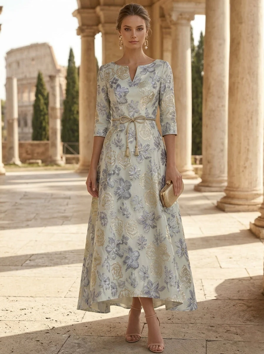 A-Line/Princess V-Neck Jacquard Mother of the Bride Dresses Floral 3/4 Sleeves Asymmetrical Tea-Length Belt - Image 3