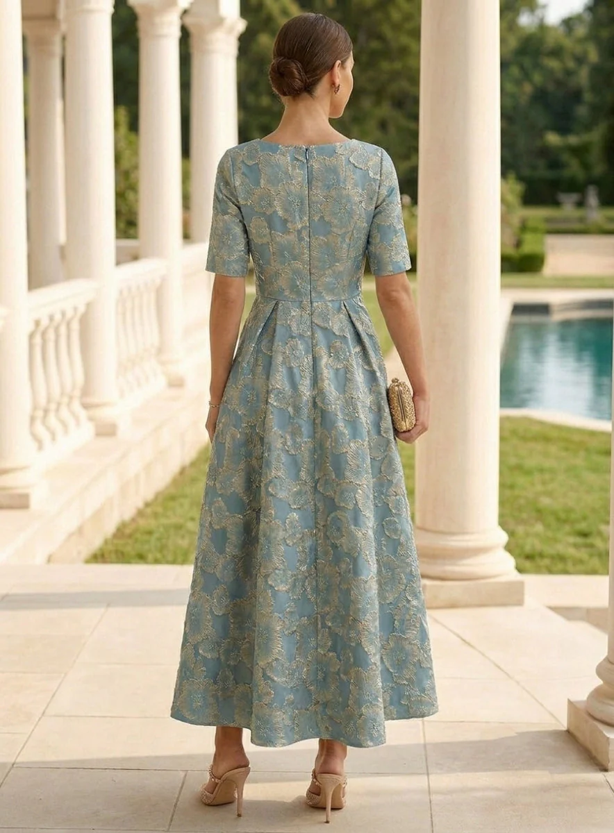 A-Line/Princess V-Neck Jacquard Mother of the Bride Dresses Short Sleeves Floral Ankle-Length - Image 2