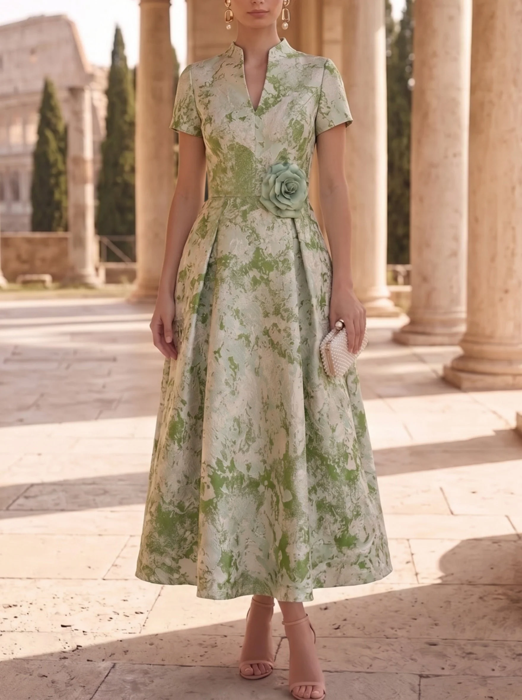A-Line/Princess V-Neck Jacquard Mother of the Bride Dresses with 3D Flower Ankle-Length Floral Short Sleeves - Image 2