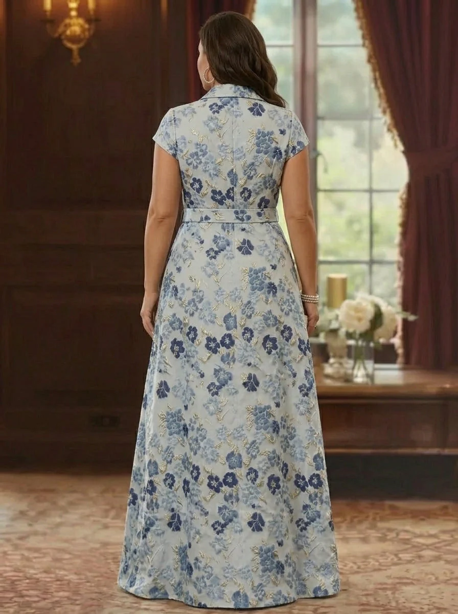 A-Line/Princess V-Neck Jacquard Plus Size Mother of the Bride Dresses Floral Floor-Length Short Sleeves Belt - Image 2