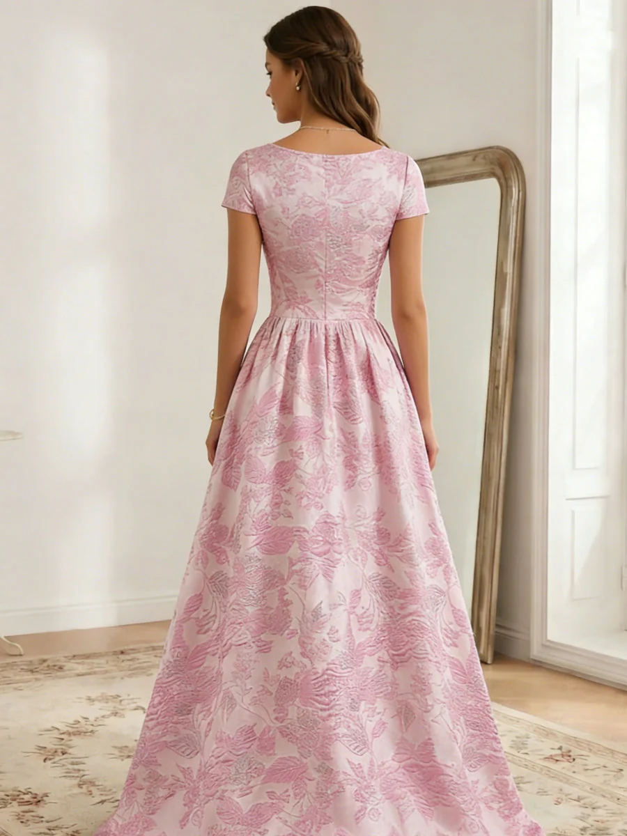 A-Line/Princess V-Neck Jacquard Prom Dresses with Split Side Floral Short Sleeves Floor-Length Formal Dresses - Image 2