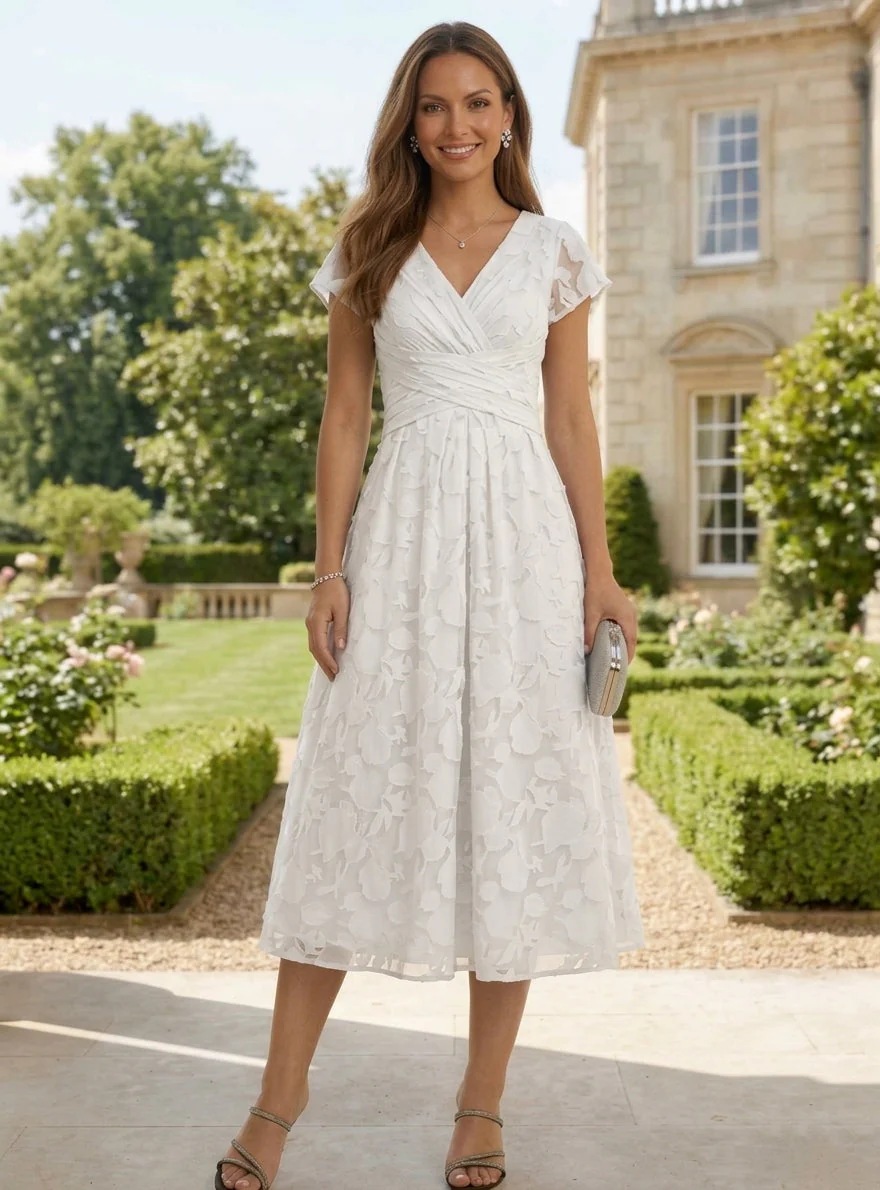 A-Line/Princess V-Neck Lace Floral Cocktail Dresses Tea-Length Short Sleeves Ruched Formal Dresses - Image 3