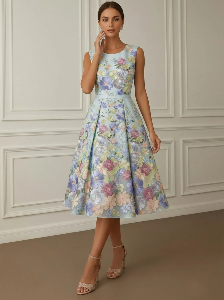 A-Line/Princess V-Neck Lace Floral Cocktail Dresses Tea-Length Sleeveless Formal Dresses - Image 3
