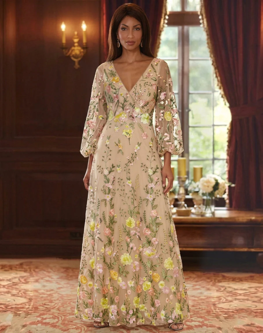 A-Line/Princess V-Neck Lace Mother of the Bride Dresses Floral 3/4 Sleeves Floor-Length - Image 3