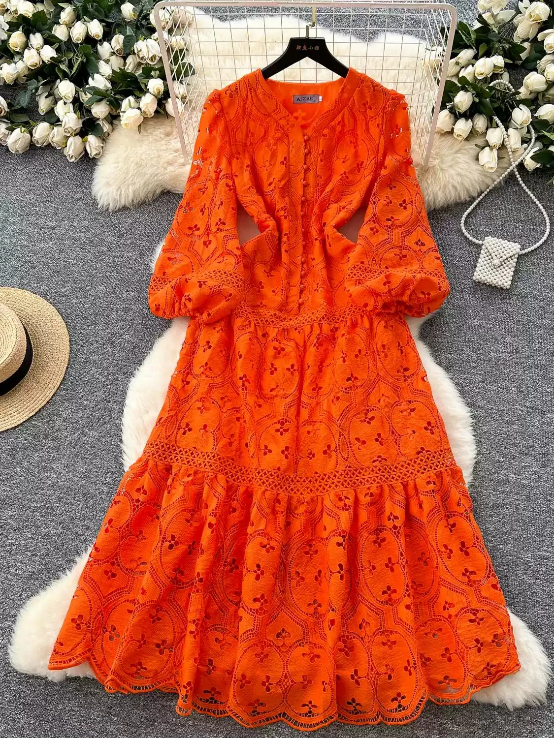 A-Line/Princess V-Neck Lace Wedding Guest Dresses Tea-Length 3/4Sleeves Floral - Image 4