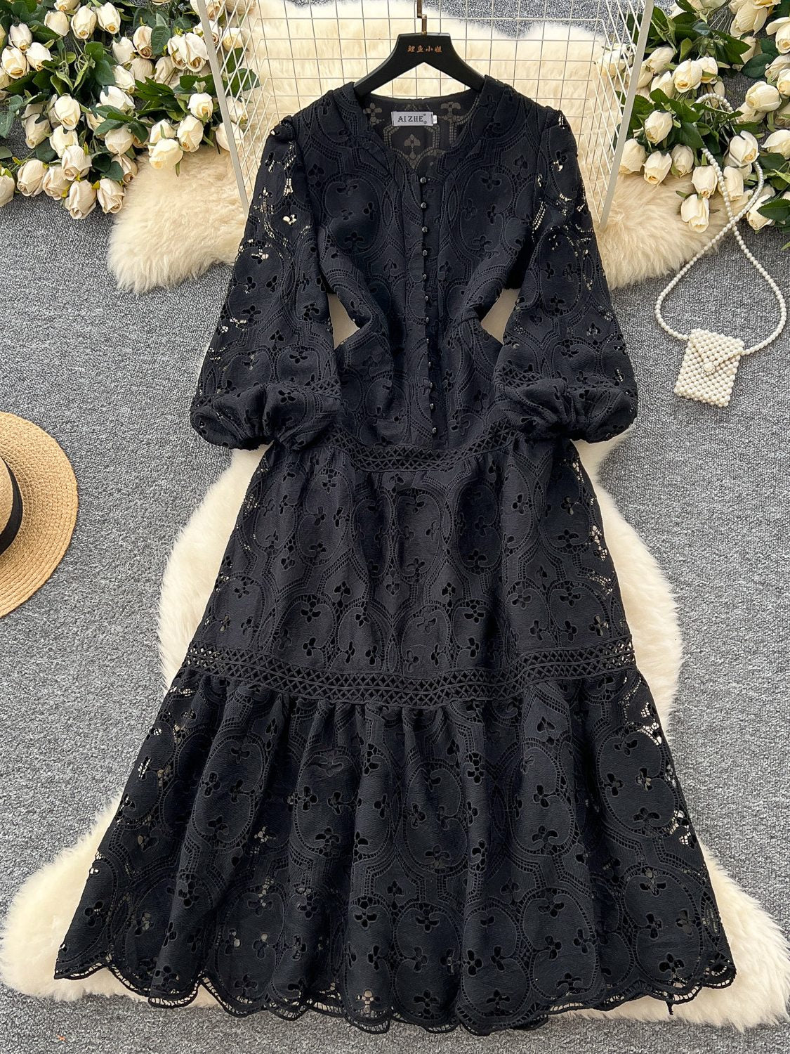 A-Line/Princess V-Neck Lace Wedding Guest Dresses Tea-Length 3/4Sleeves Floral - Image 5
