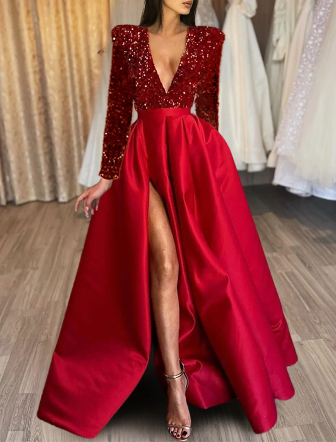 A-Line/Princess V-Neck Long Prom Dresses With Split Side & Sequins - Image 4