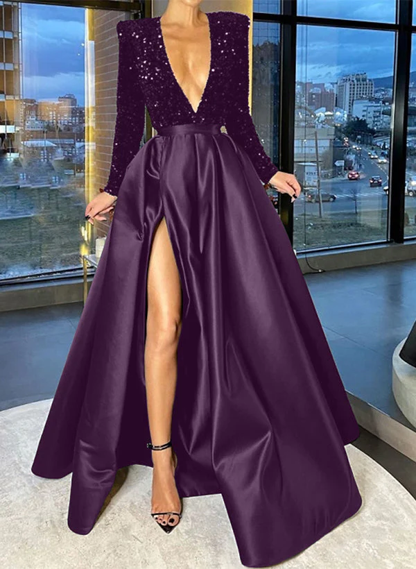 A-Line/Princess V-Neck Long Prom Dresses With Split Side & Sequins - Image 9