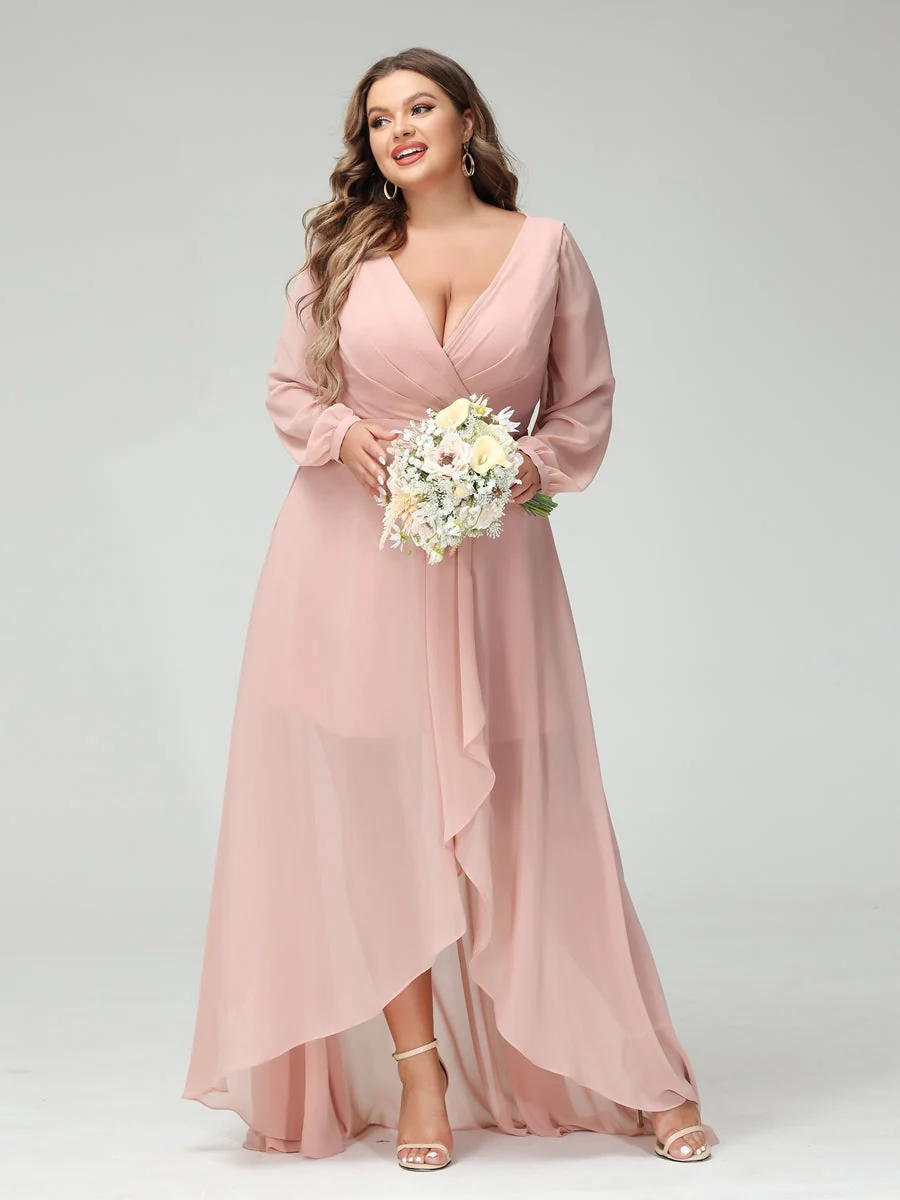 A-Line/Princess V-Neck Long Sleeves Asymmetrical Plus Size Bridesmaid Dresses with Pockets - Image 2