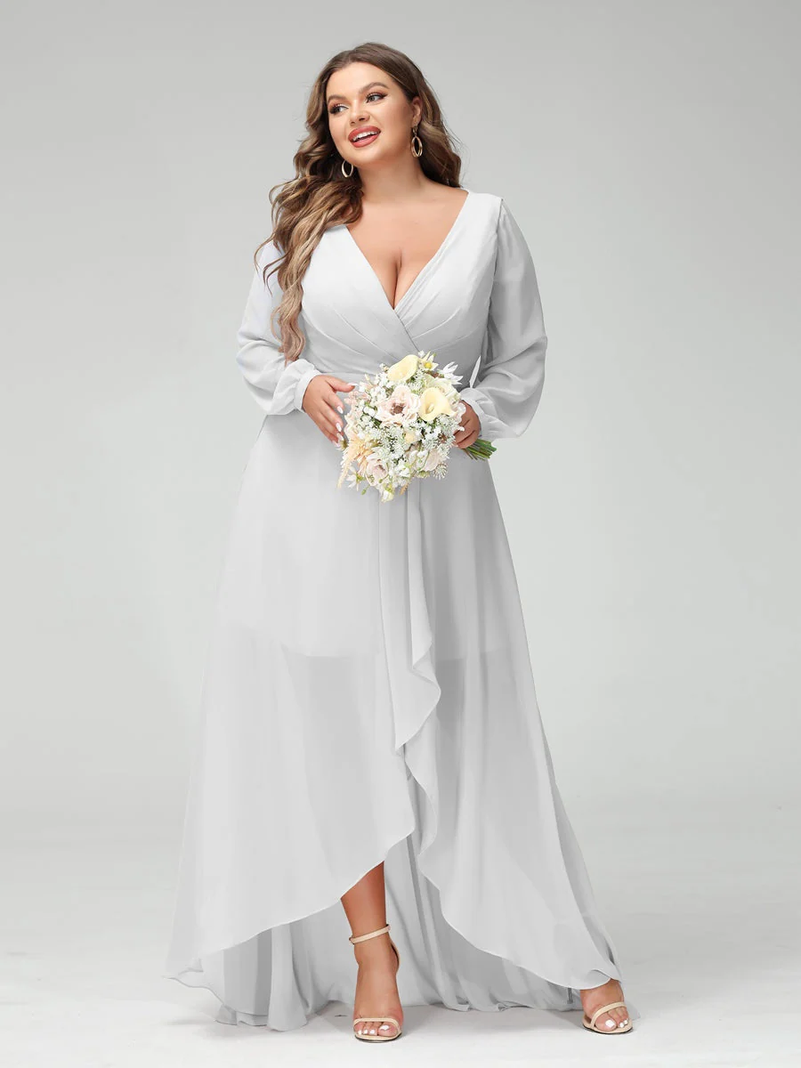 A-Line/Princess V-Neck Long Sleeves Asymmetrical Plus Size Bridesmaid Dresses with Pockets - Image 20
