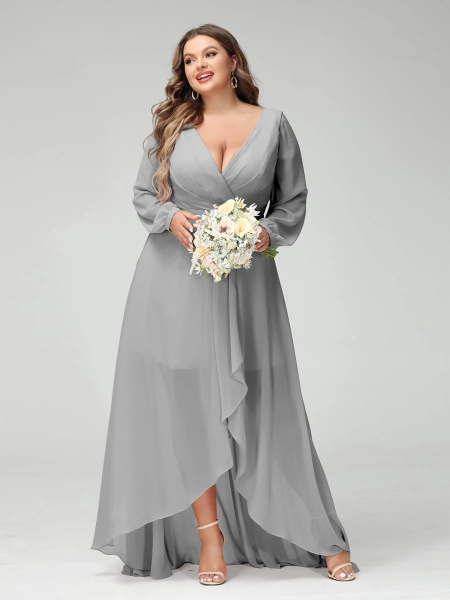 A-Line/Princess V-Neck Long Sleeves Asymmetrical Plus Size Bridesmaid Dresses with Pockets - Image 22