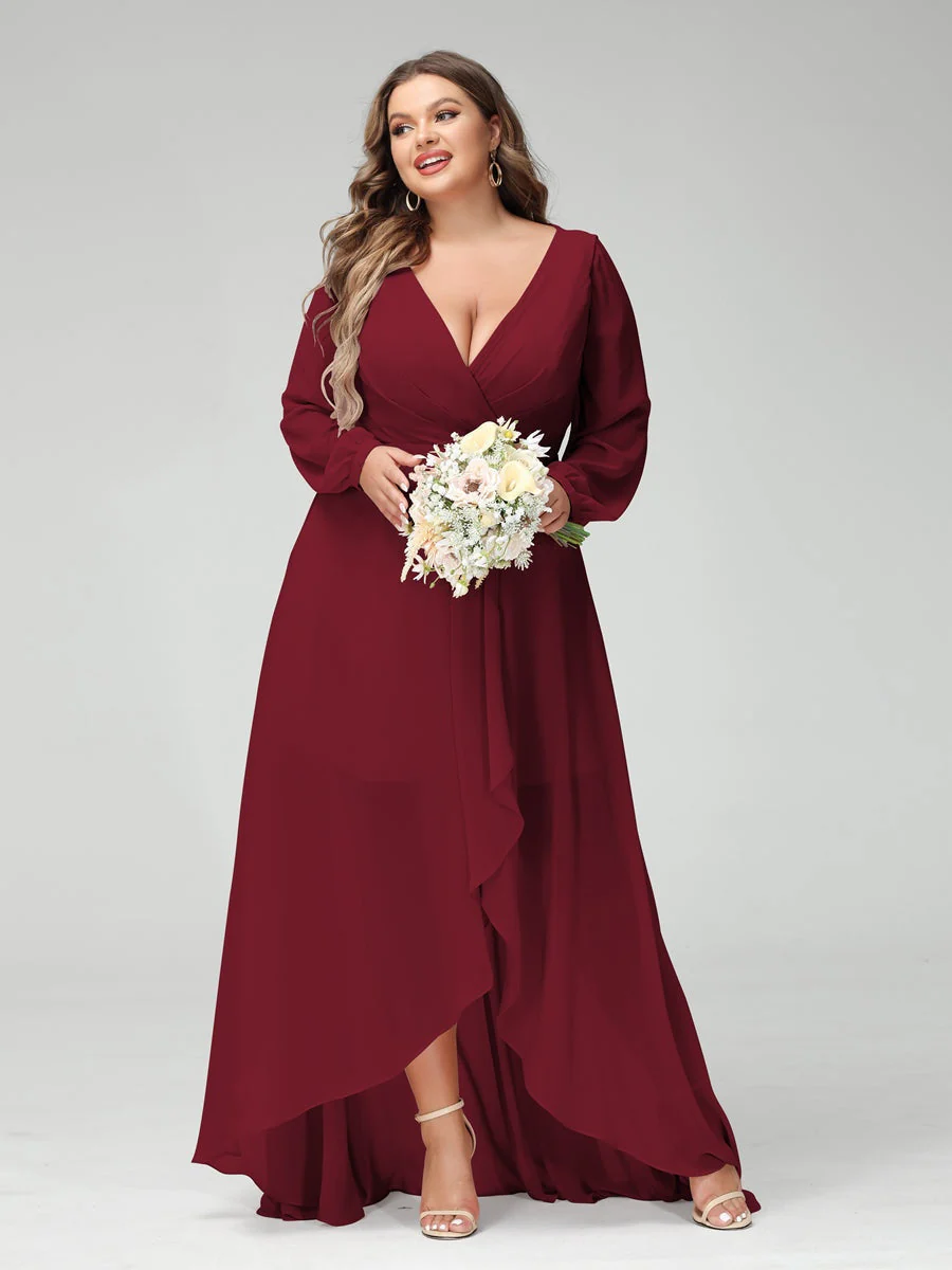 A-Line/Princess V-Neck Long Sleeves Asymmetrical Plus Size Bridesmaid Dresses with Pockets - Image 37