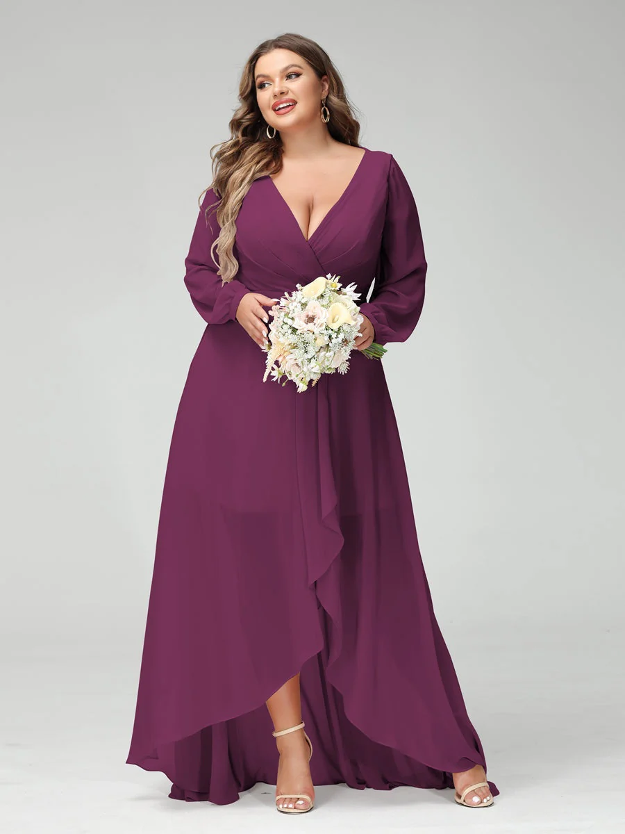A-Line/Princess V-Neck Long Sleeves Asymmetrical Plus Size Bridesmaid Dresses with Pockets - Image 44