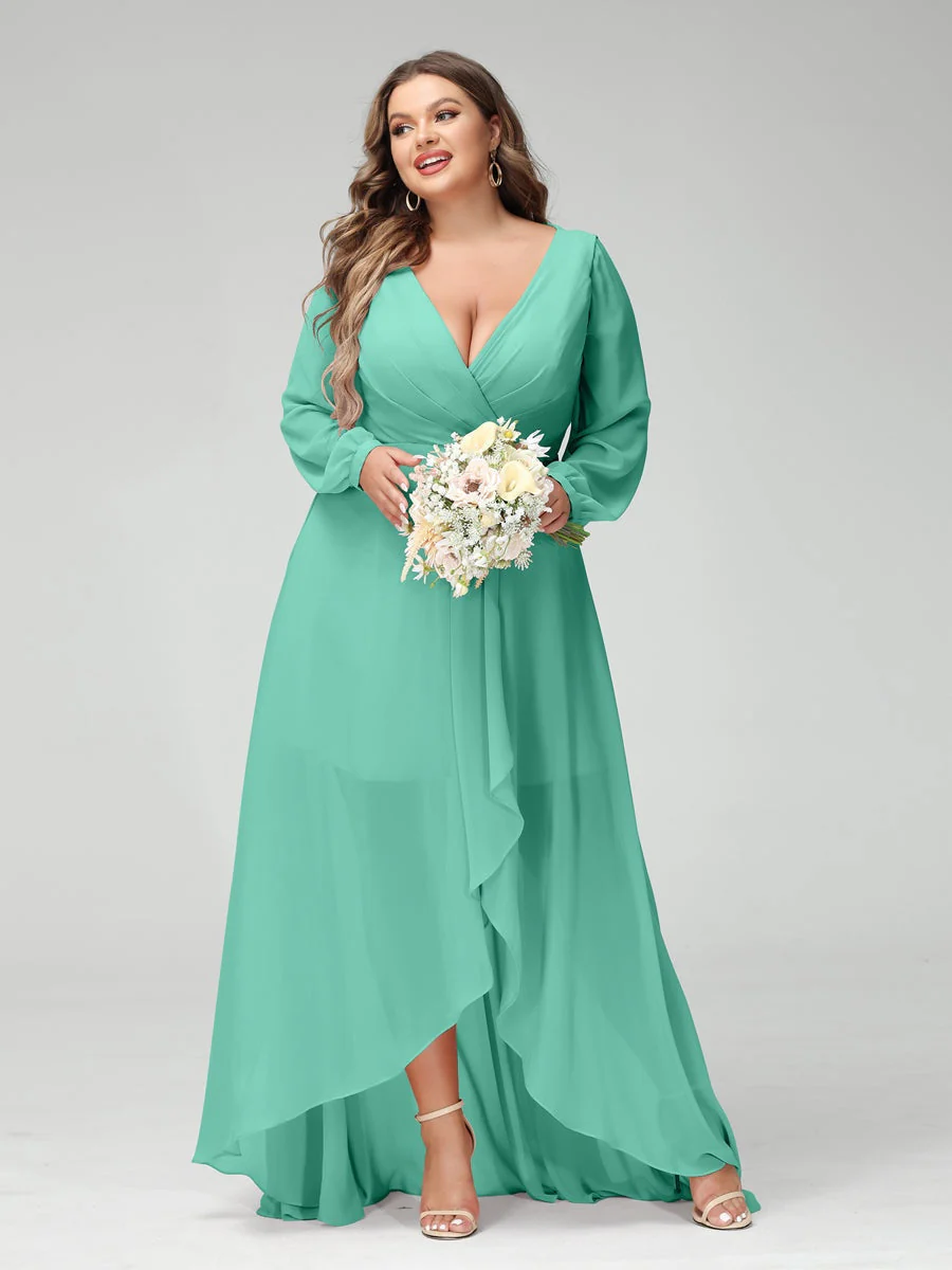 A-Line/Princess V-Neck Long Sleeves Asymmetrical Plus Size Bridesmaid Dresses with Pockets - Image 62