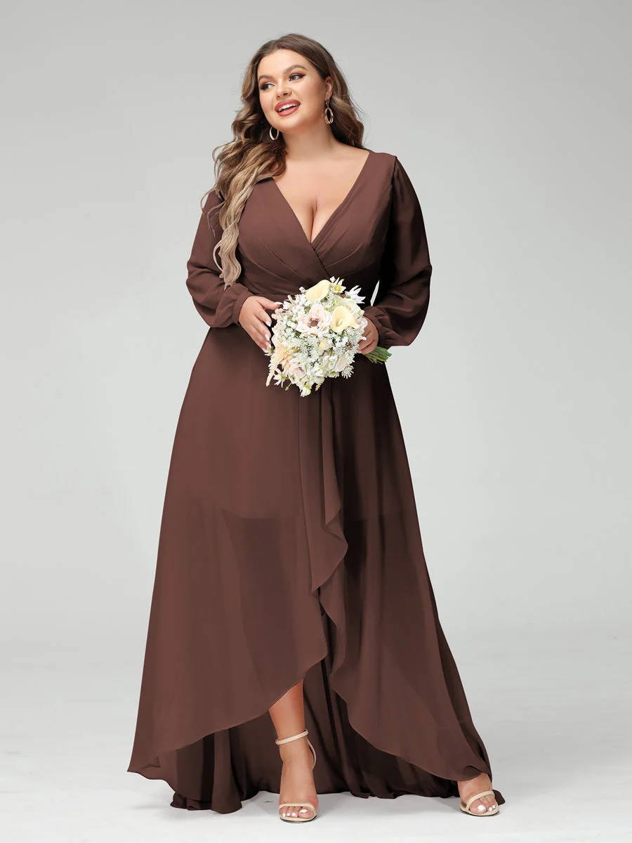 A-Line/Princess V-Neck Long Sleeves Asymmetrical Plus Size Bridesmaid Dresses with Pockets - Image 76