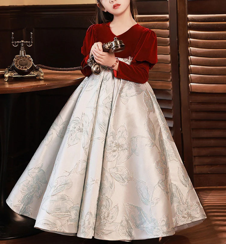 A-Line/Princess V-Neck Long Sleeves Embroidery Girl Party Dress with Appliques - Image 3