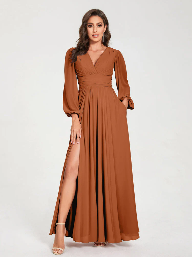 A-Line/Princess V-Neck Long Sleeves Floor-Length Bridesmaid Dresses with Pockets & Split Side - Image 10